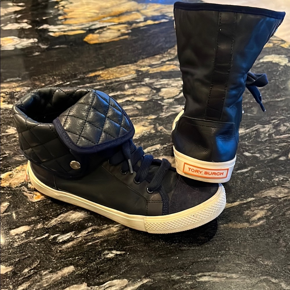 Tory Burch Blue High-Top Sneakers with Leather/Suede Finish